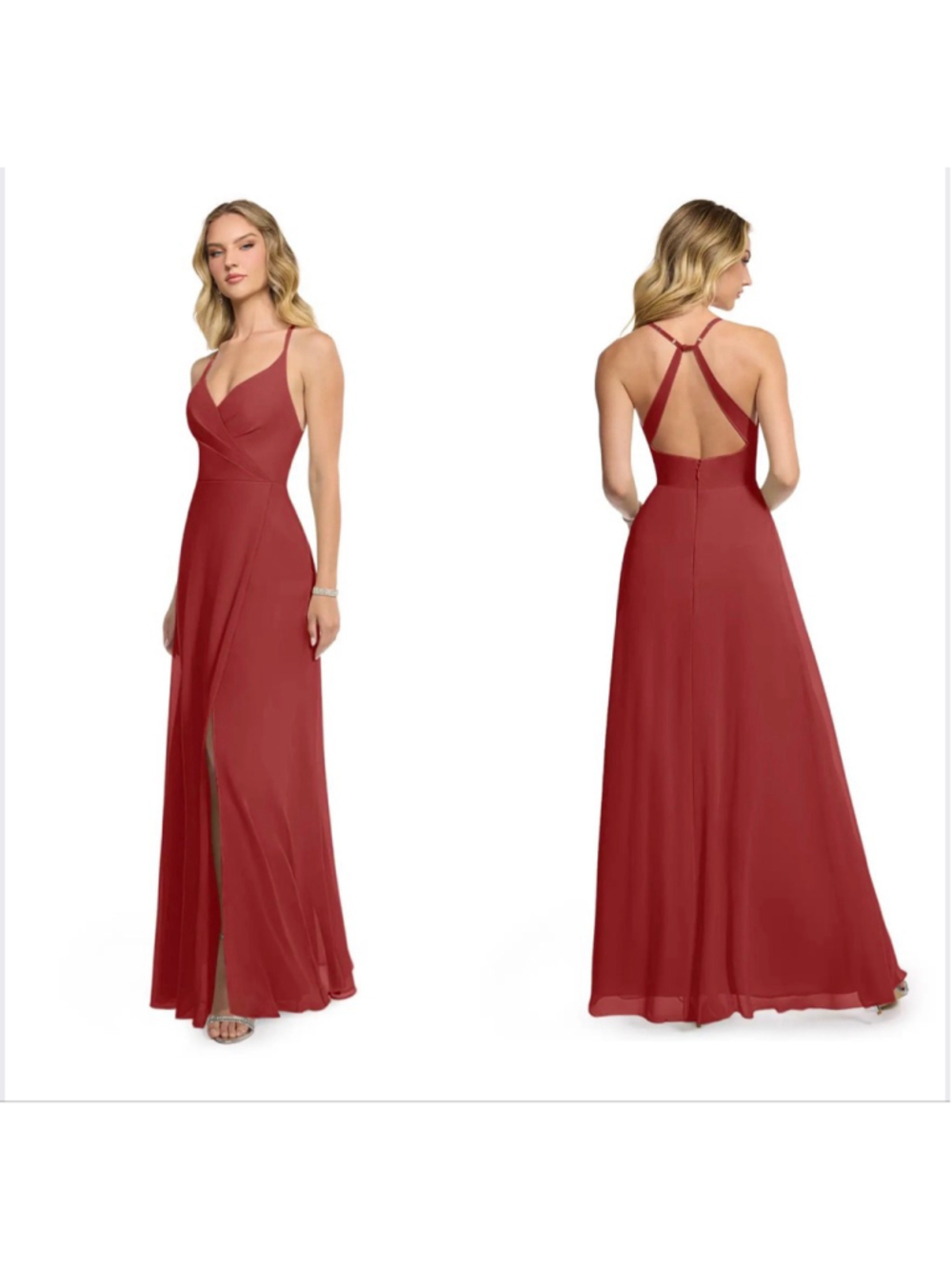 Women's Azazie Davis Rust A-Line V-Neck Chiffon Maxi Dress Size A6